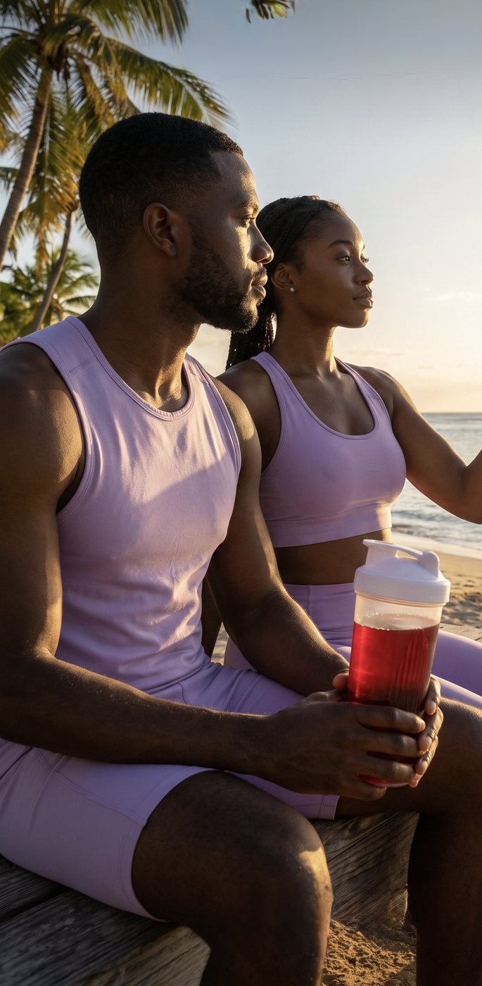 Couple with FORGE Nitric Pre-Workout shaker bottles at the beach